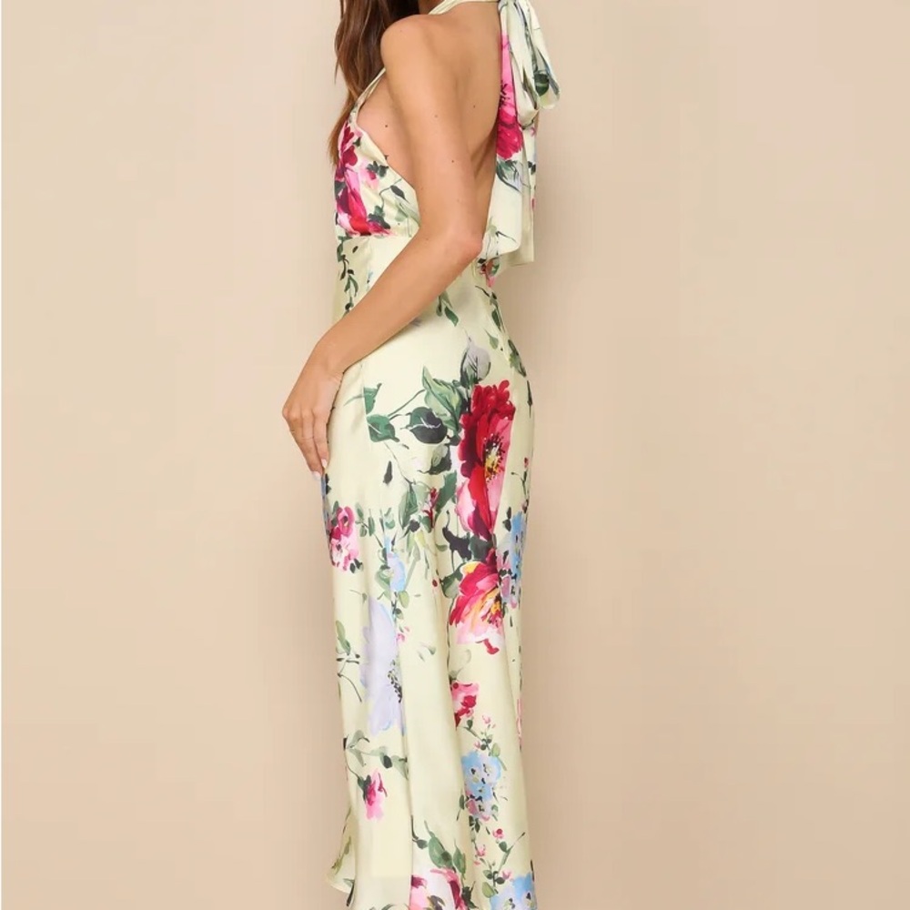 Luminous Delight Light Yellow Floral Satin Halter Midi Dress Medium - Picture 2 of 4